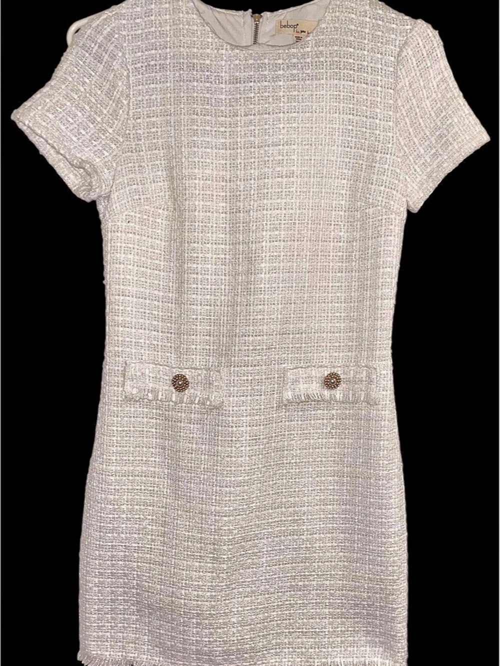 Bebop White Tweed Short Sleeve Mini Dress XS Fringe Pocket Detail